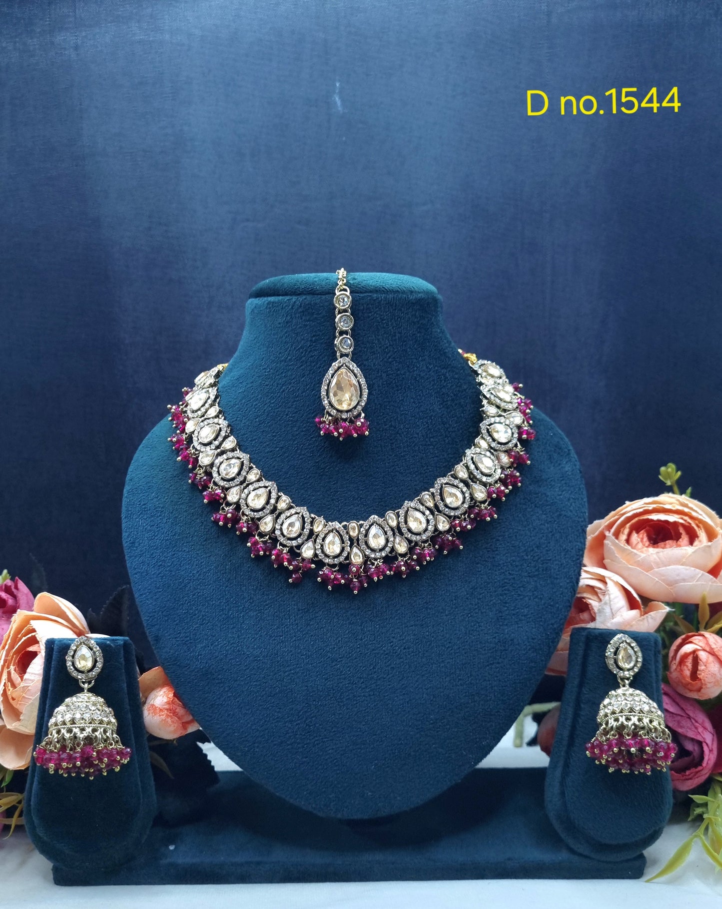 Zricon Dual-Row Collar Necklace Set with Jhumkas & Maang Tikka