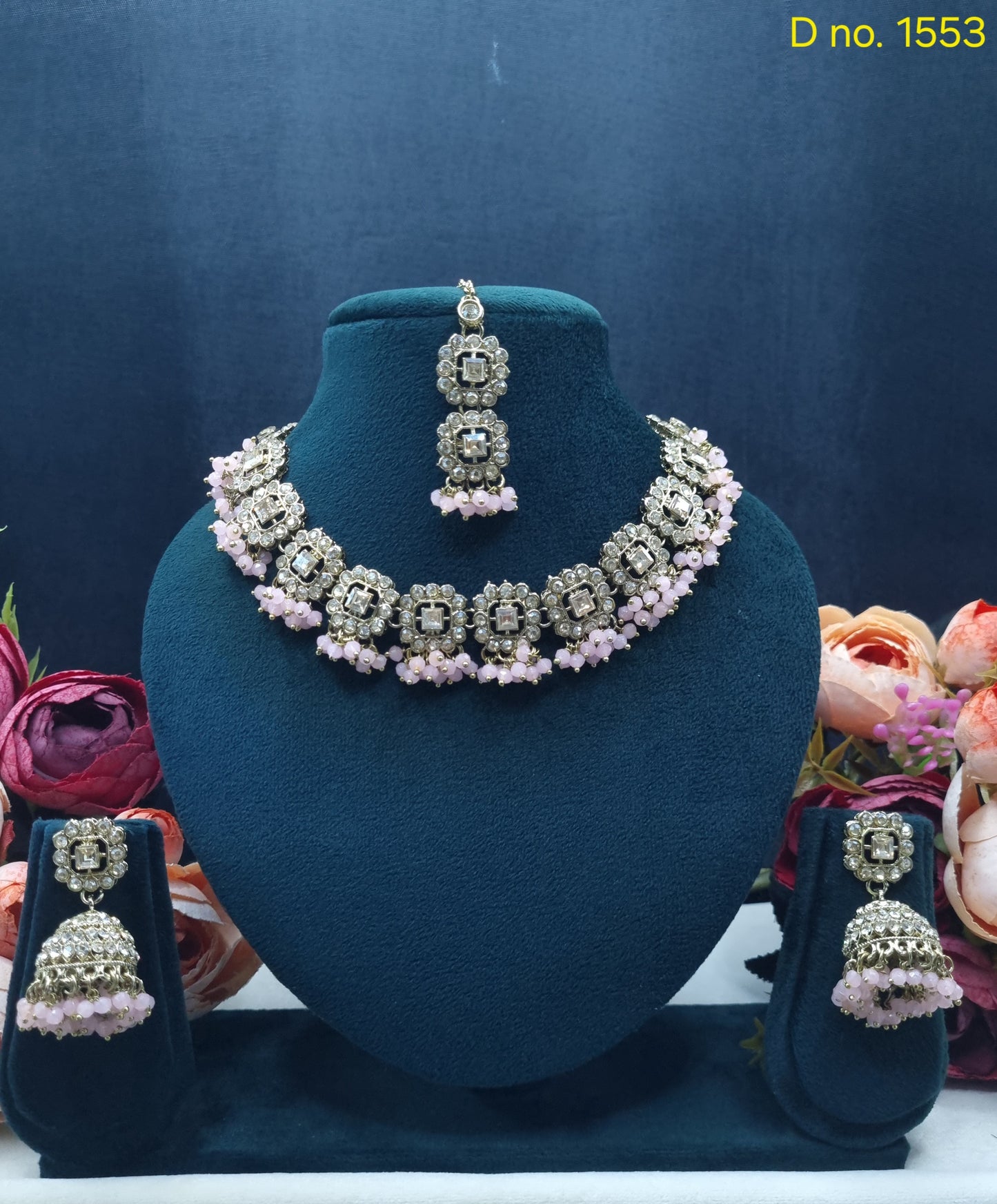 Square Motif Necklace Set with Jhumkas & Maang Tikka