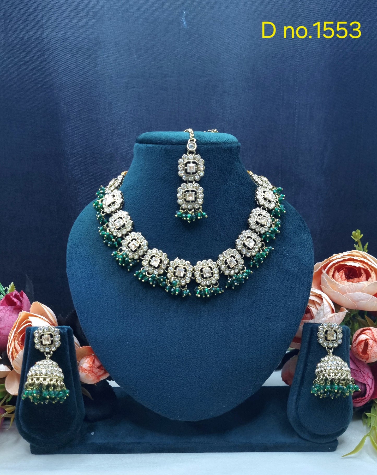 Square Motif Necklace Set with Jhumkas & Maang Tikka
