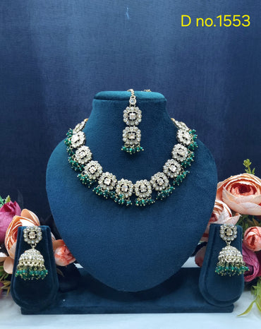 Square Motif Necklace Set with Jhumkas & Maang Tikka