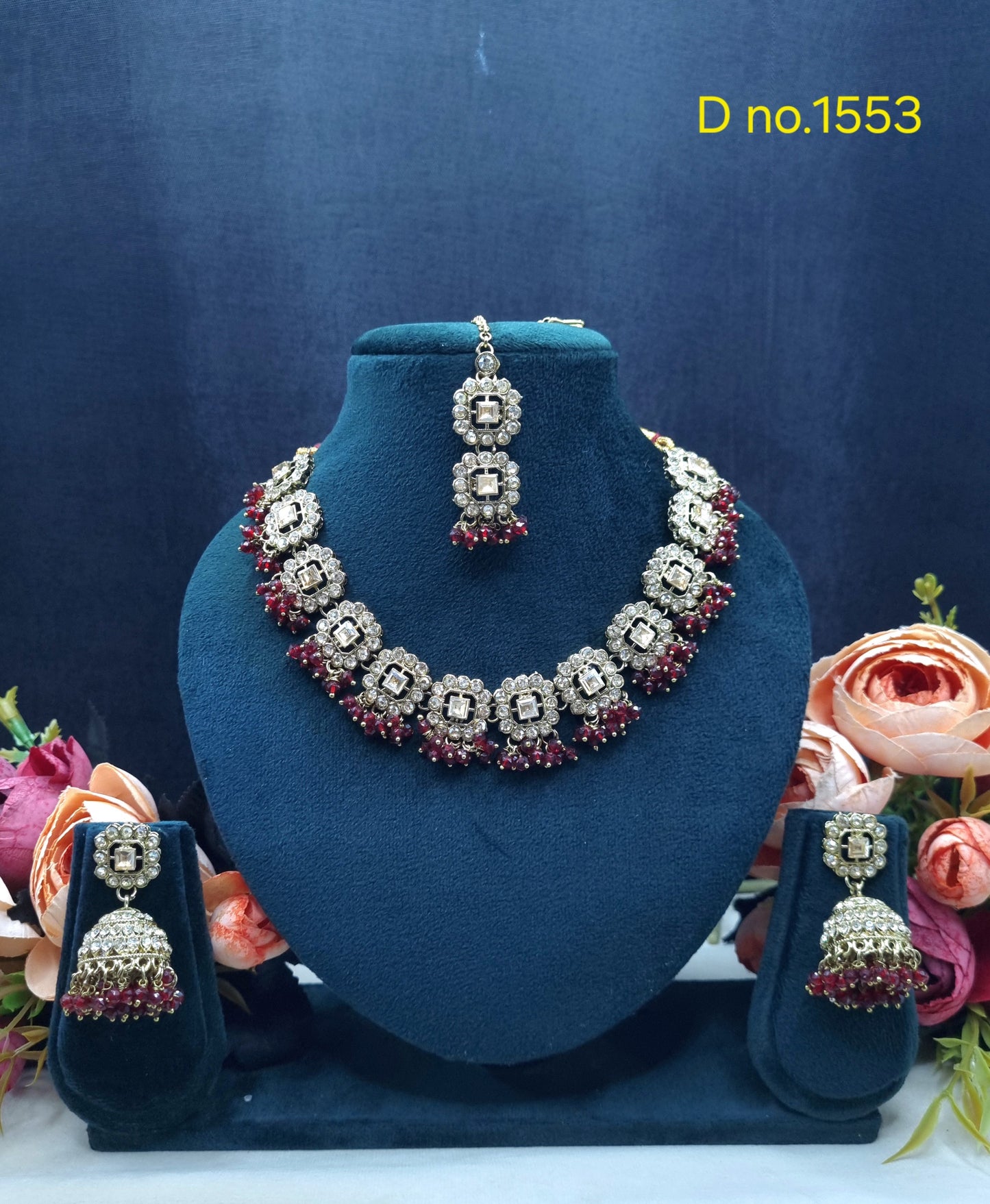 Square Motif Necklace Set with Jhumkas & Maang Tikka