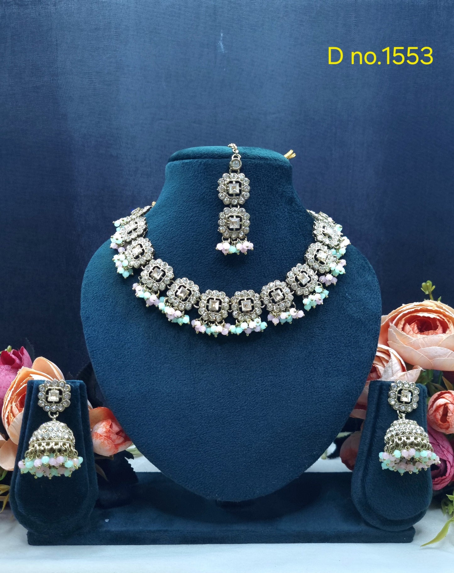 Square Motif Necklace Set with Jhumkas & Maang Tikka