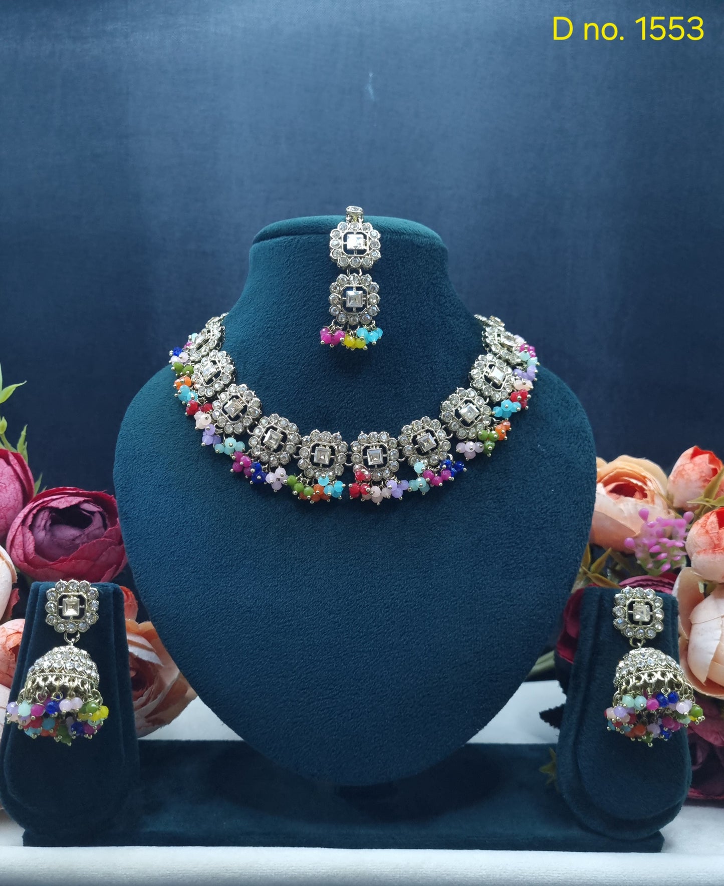 Square Motif Necklace Set with Jhumkas & Maang Tikka