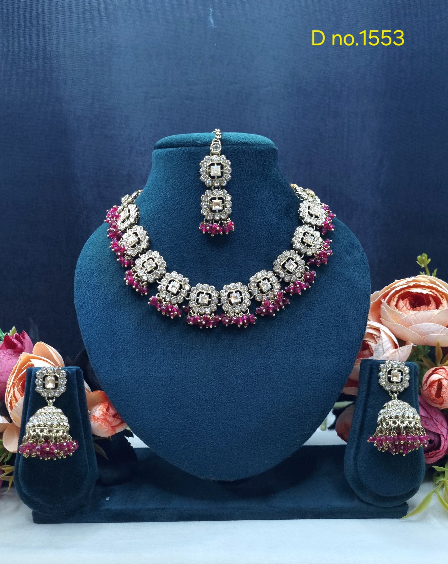 Square Motif Necklace Set with Jhumkas & Maang Tikka
