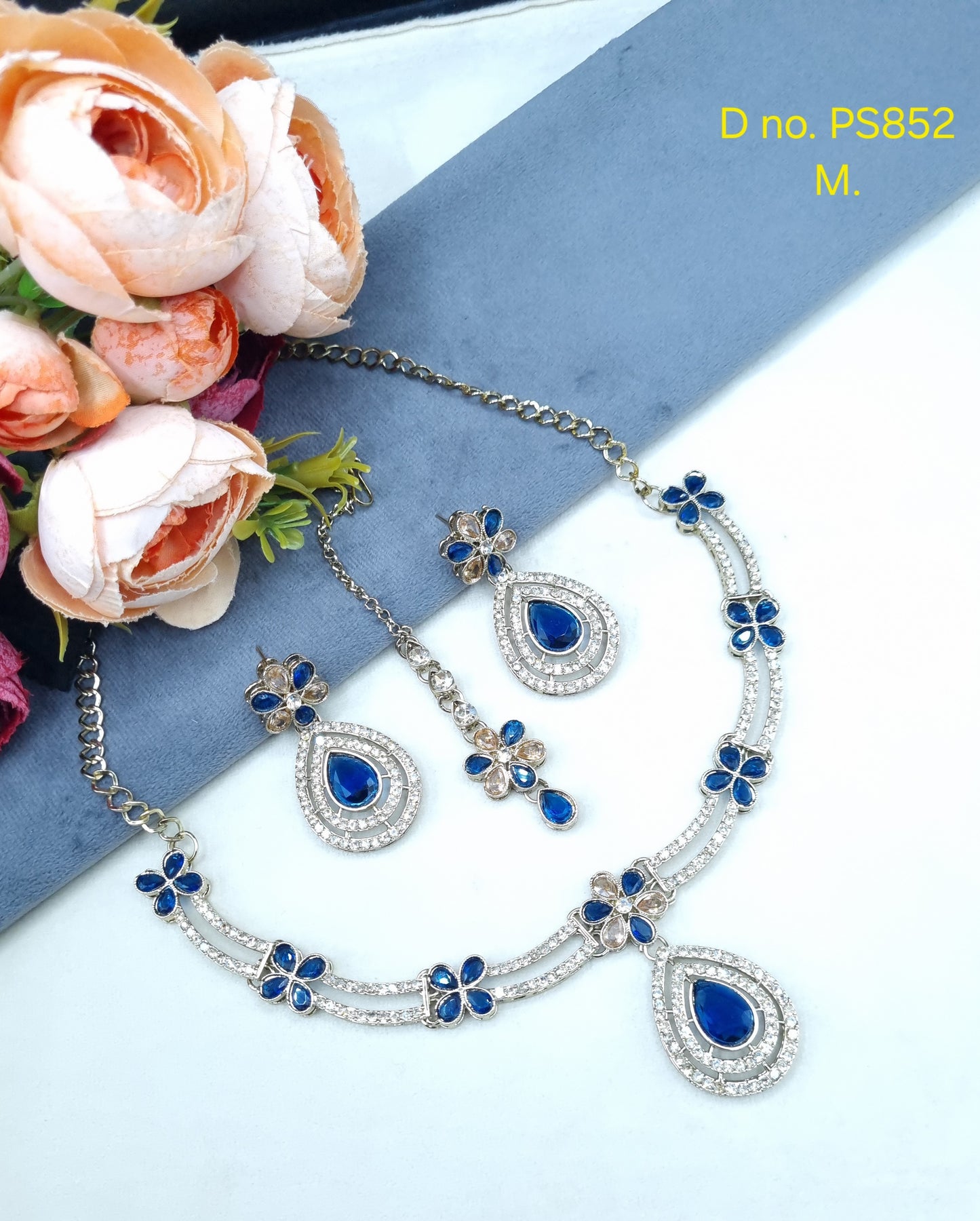 Crystal Teardrop Necklace Set with Matching Earrings & Maang Tikka