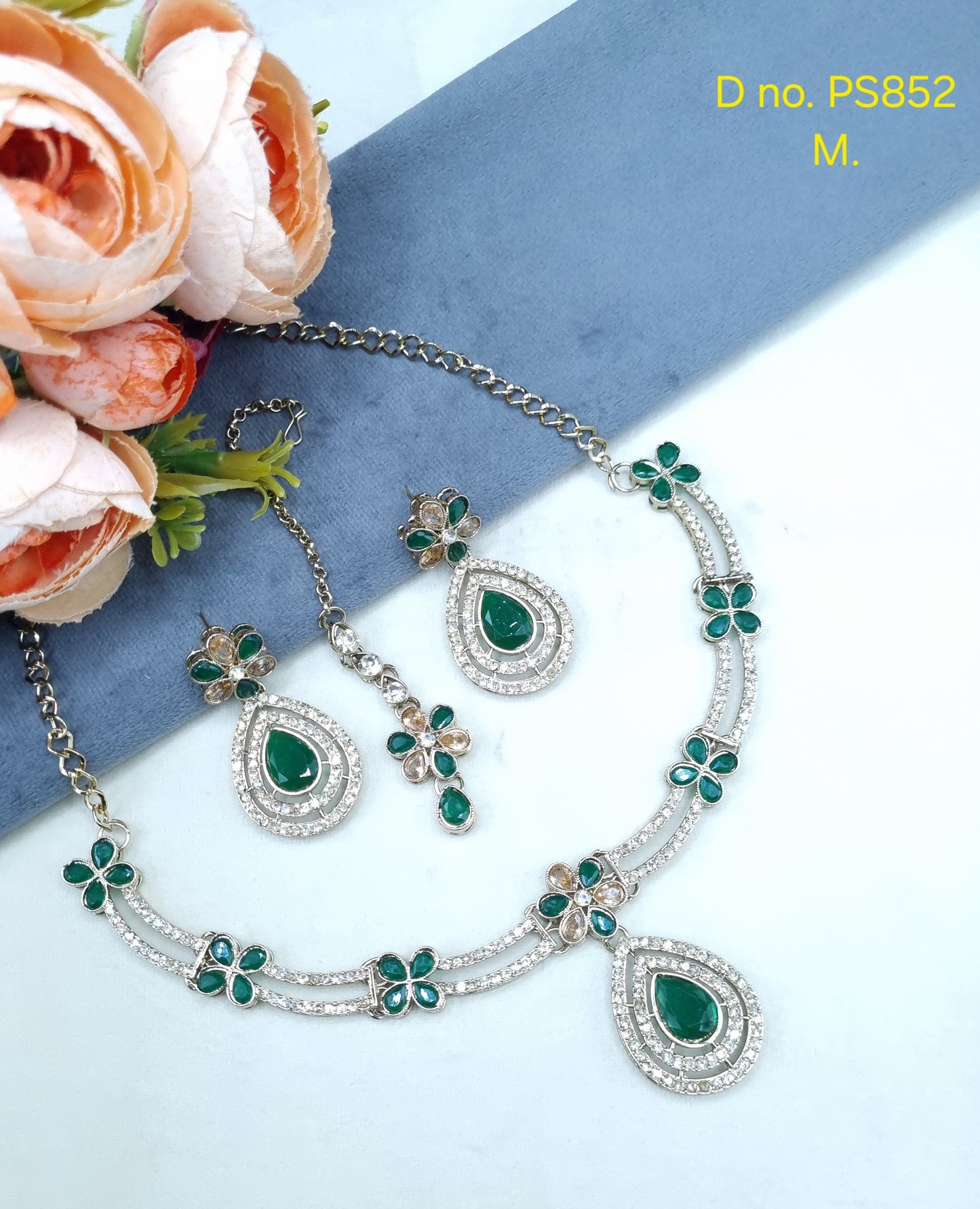Crystal Teardrop Necklace Set with Matching Earrings & Maang Tikka