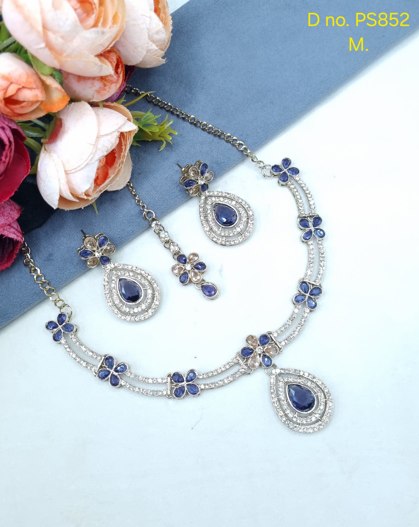 Crystal Teardrop Necklace Set with Matching Earrings & Maang Tikka