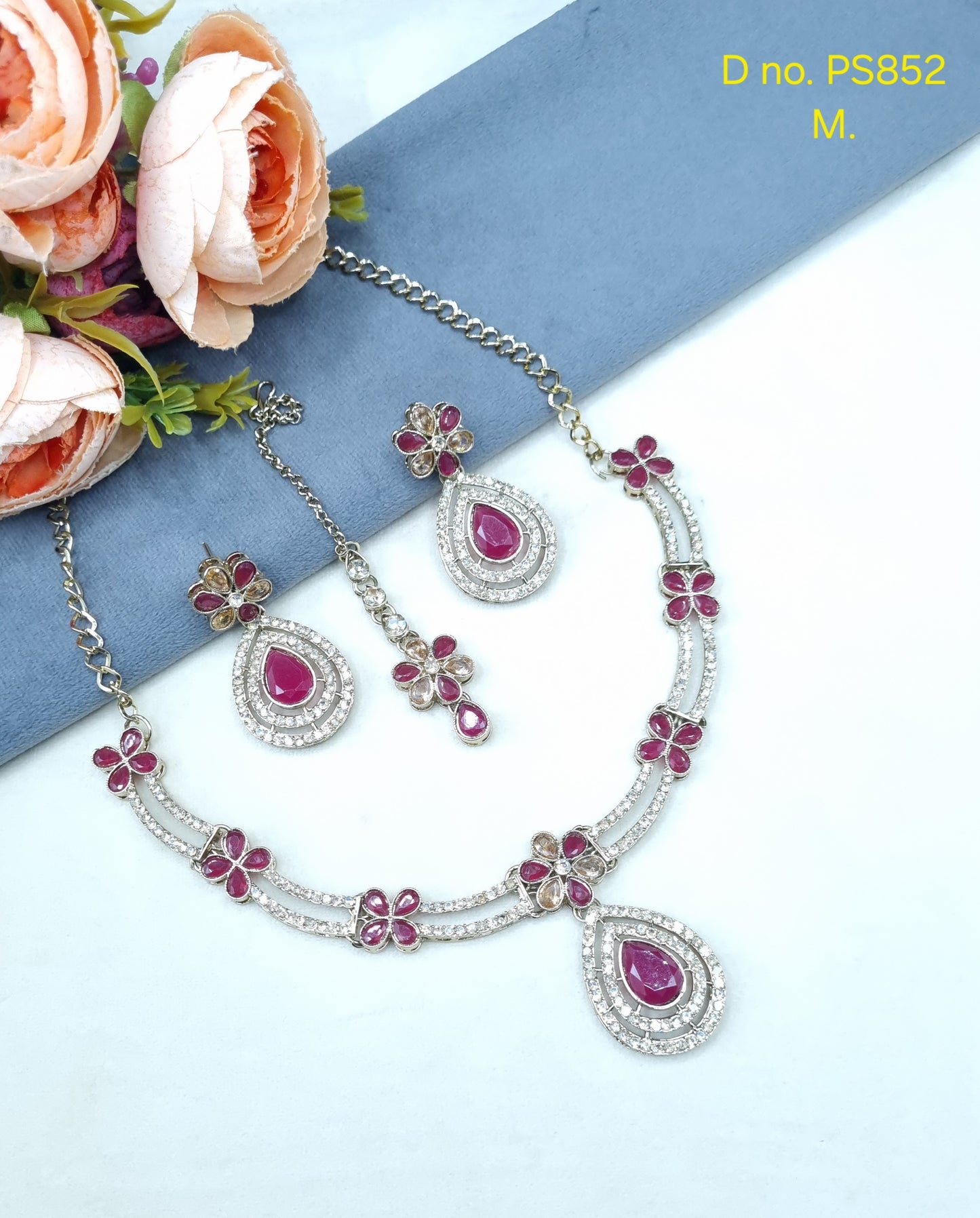 Crystal Teardrop Necklace Set with Matching Earrings & Maang Tikka