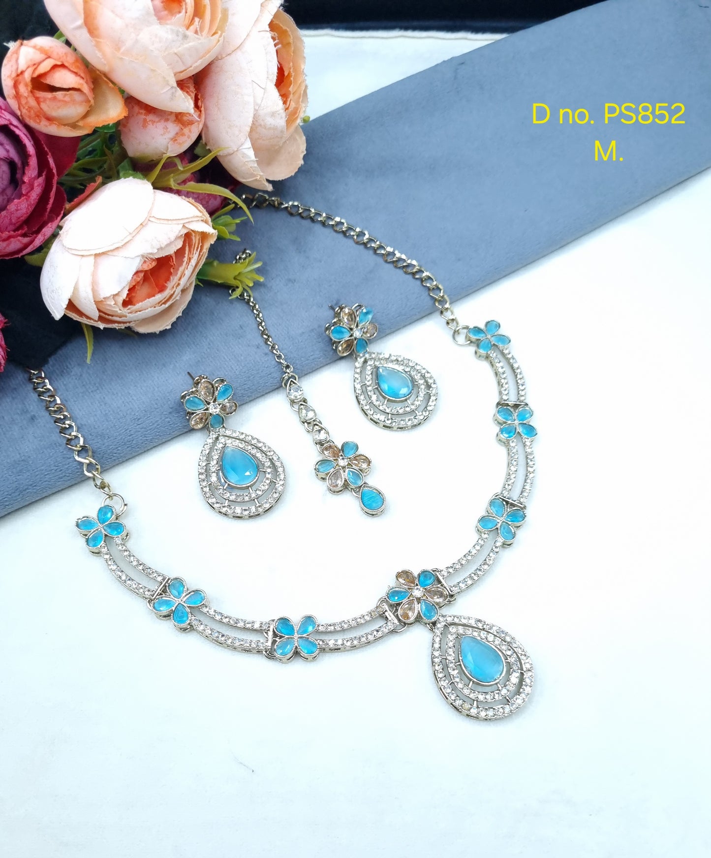 Crystal Teardrop Necklace Set with Matching Earrings & Maang Tikka