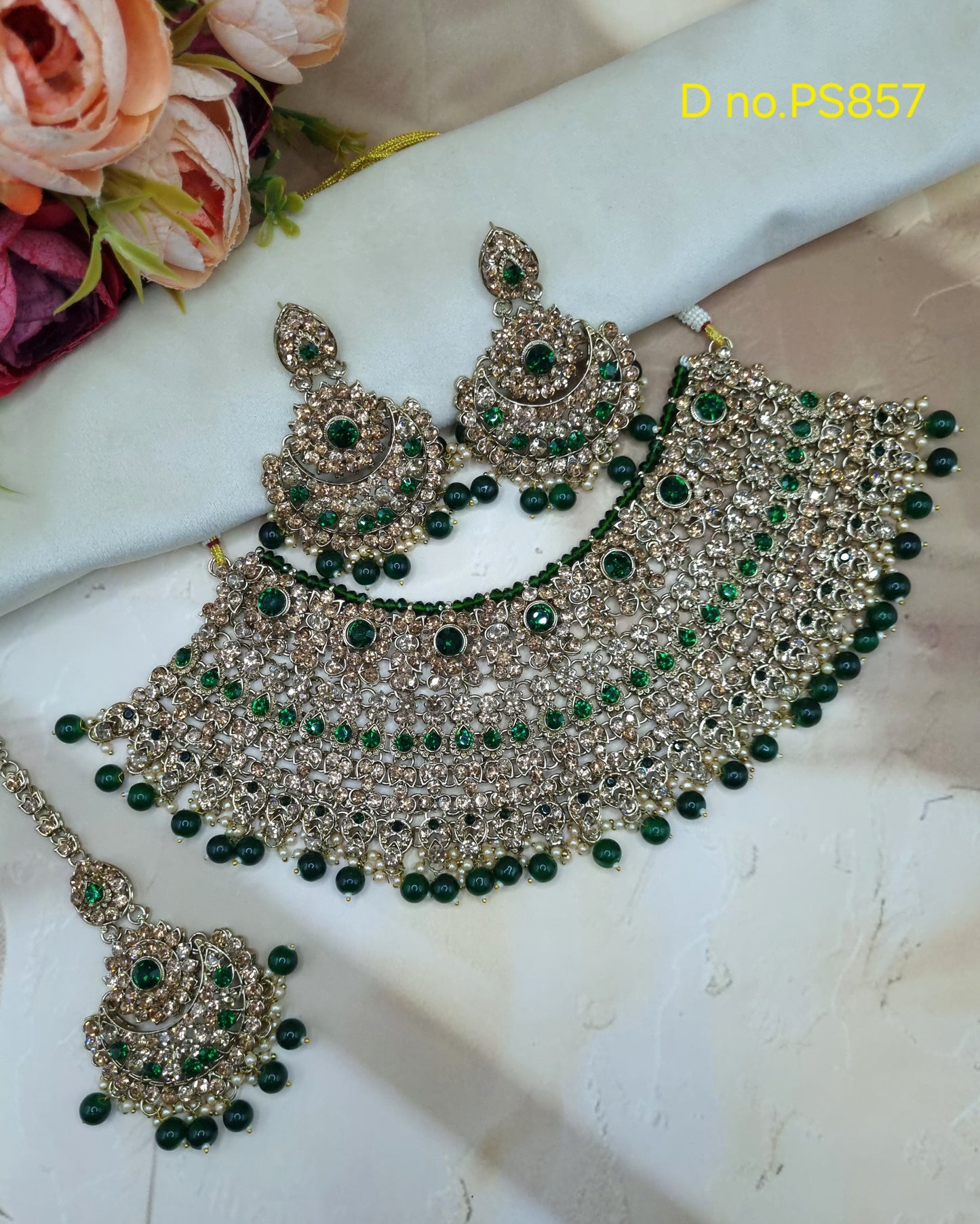 Antique Gold-Tone CZ Heavy Bridal Choker Necklace Set with Chaandbali Earrings and Maang Tikka