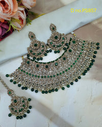 Antique Gold-Tone CZ Heavy Bridal Choker Necklace Set with Chaandbali Earrings and Maang Tikka