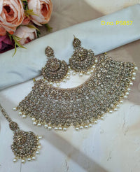 Antique Gold-Tone CZ Heavy Bridal Choker Necklace Set with Chaandbali Earrings and Maang Tikka