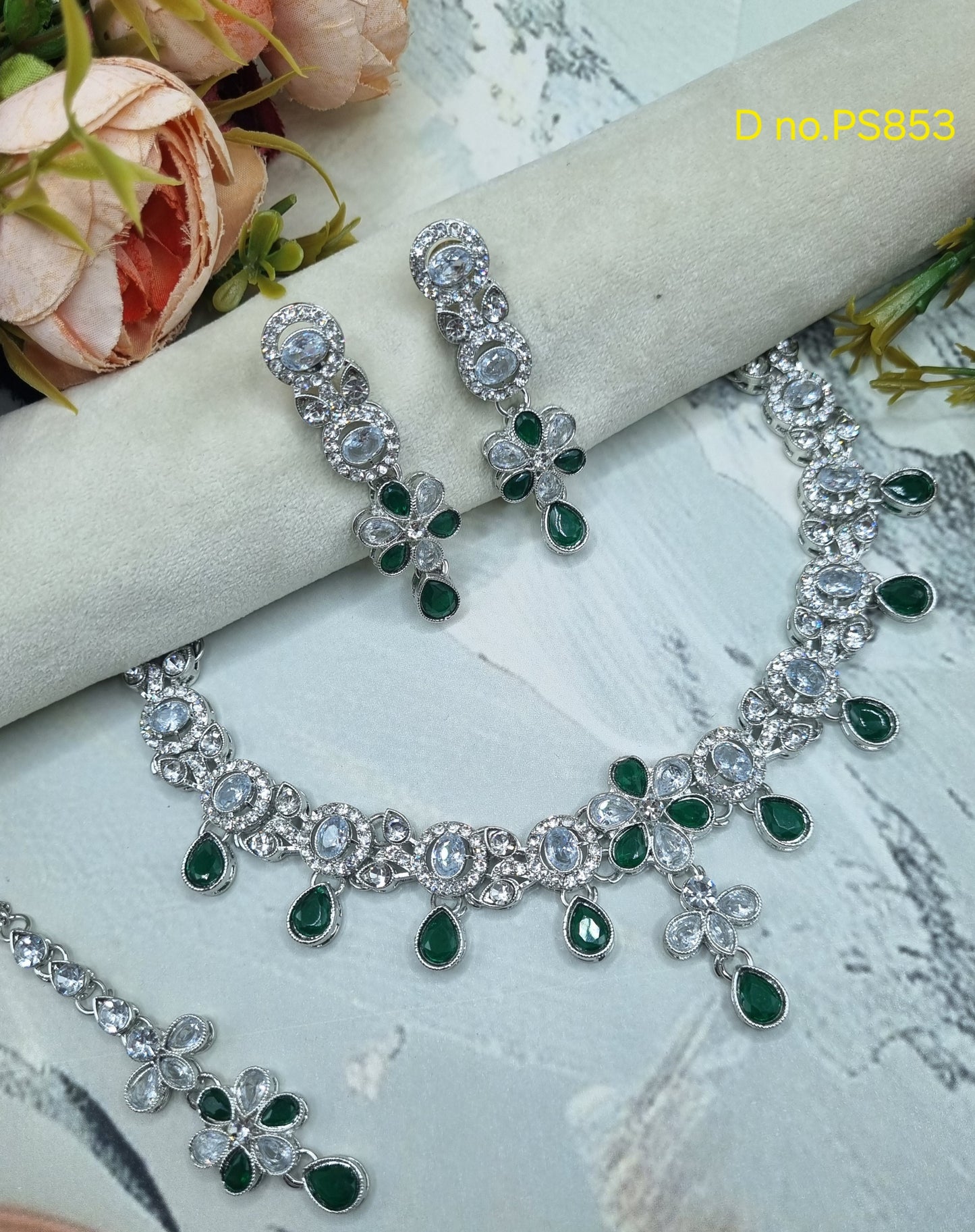 Floral Choker CZ Necklace Set with Maang Tikka & Earrings