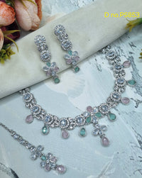 Floral Choker CZ Necklace Set with Maang Tikka & Earrings