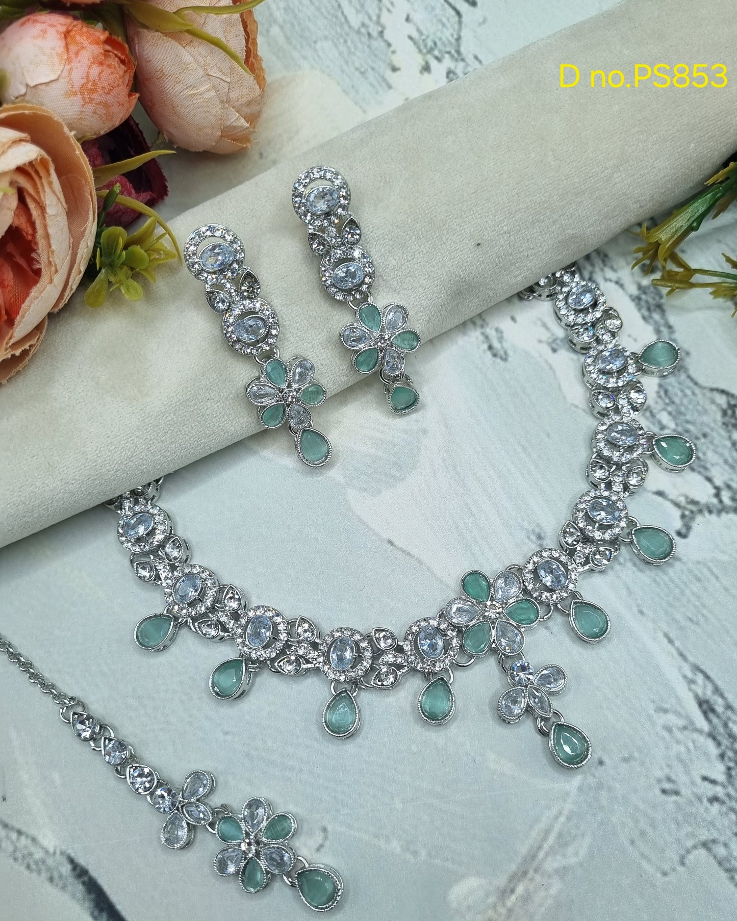 Floral Choker CZ Necklace Set with Maang Tikka & Earrings