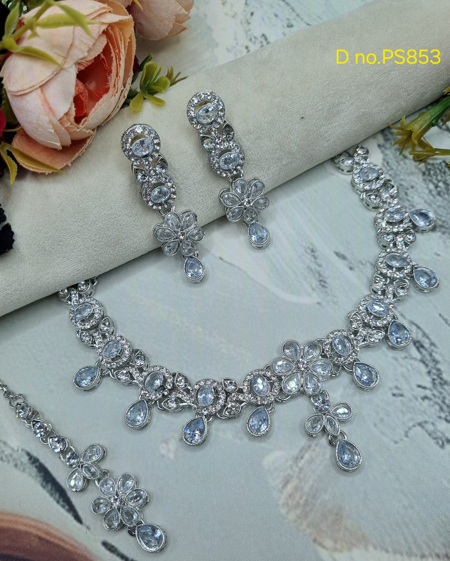 Floral Choker CZ Necklace Set with Maang Tikka & Earrings