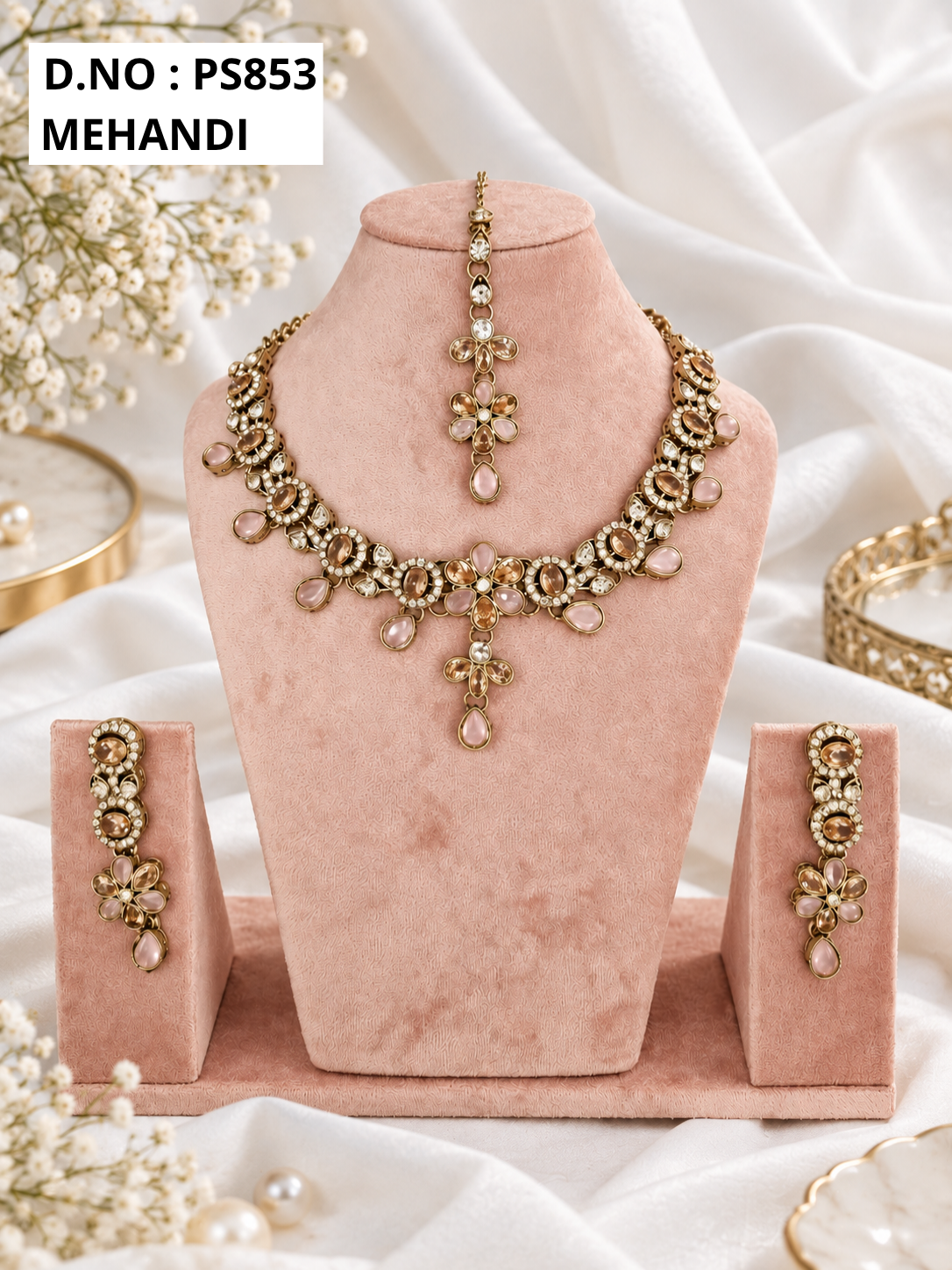 Baby Pink Kundan Necklace Set with Matching Earrings & Maang Tikka