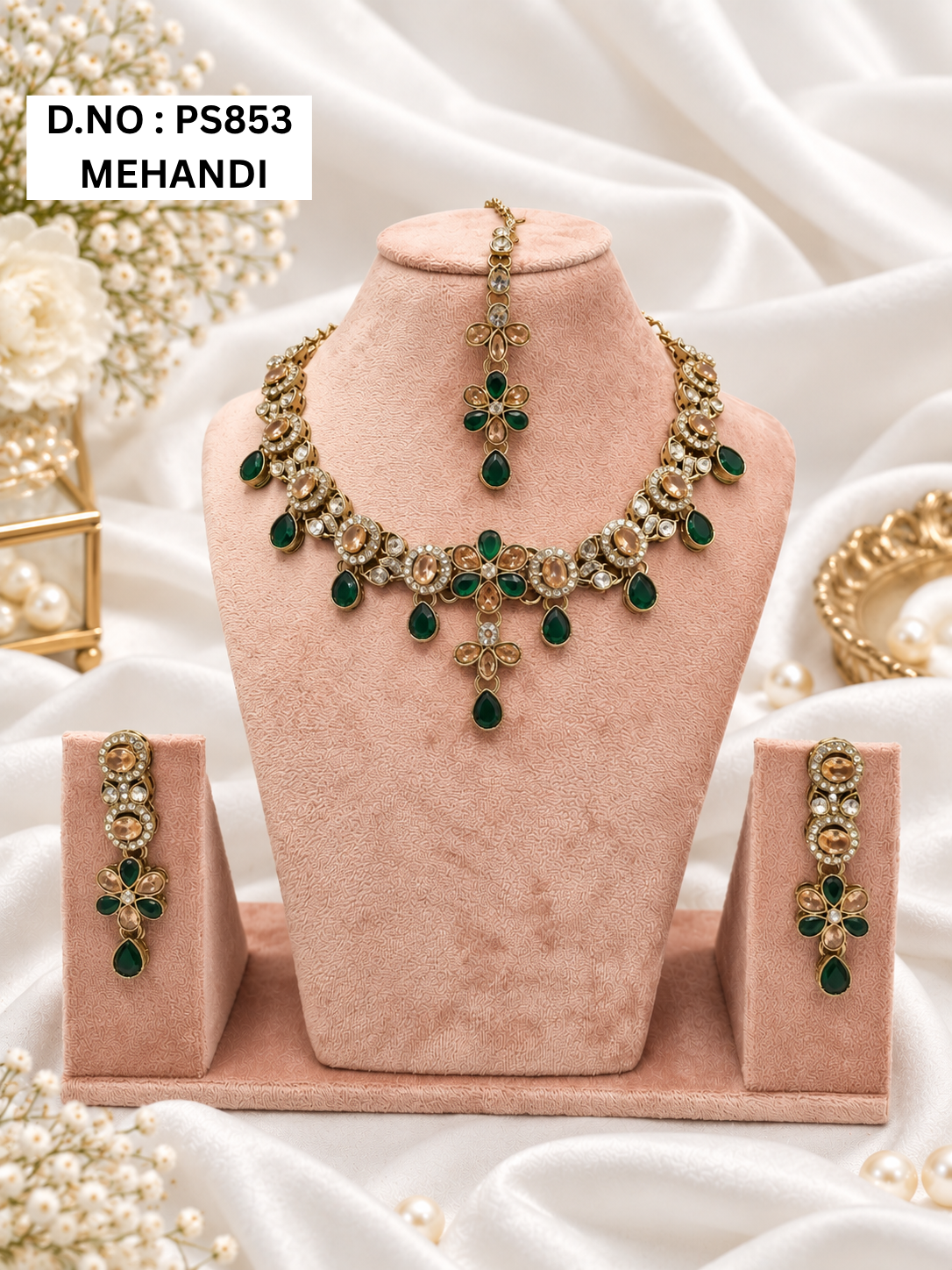 Baby Pink Kundan Necklace Set with Matching Earrings & Maang Tikka