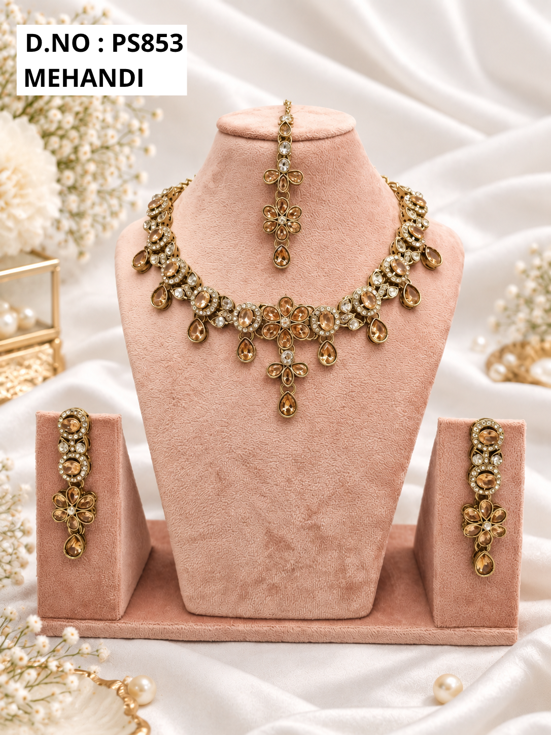 Baby Pink Kundan Necklace Set with Matching Earrings & Maang Tikka