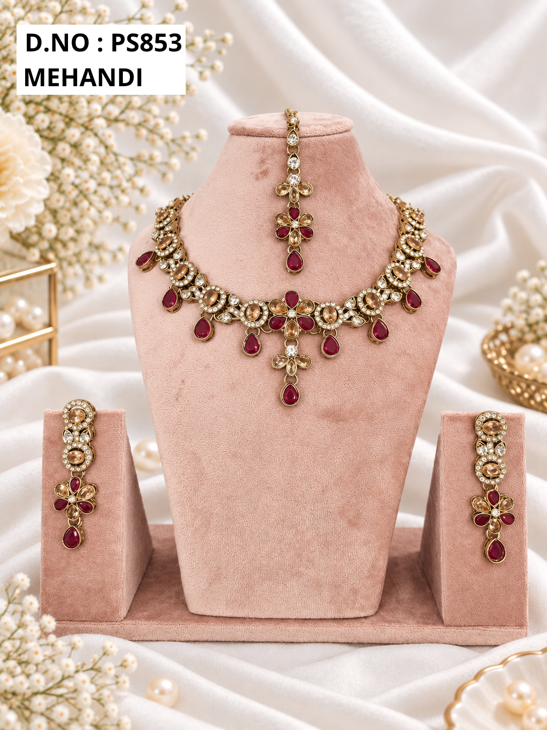 Baby Pink Kundan Necklace Set with Matching Earrings & Maang Tikka
