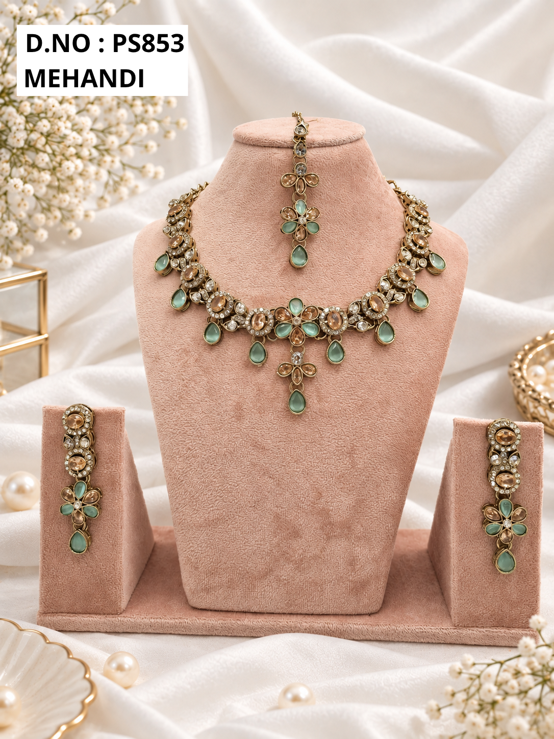Baby Pink Kundan Necklace Set with Matching Earrings & Maang Tikka
