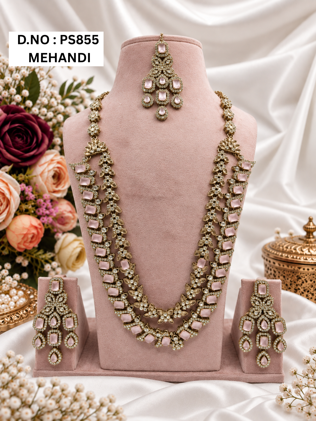 Mint Green & Pink Kundan Long Necklace Set with Earrings & Maang Tikka