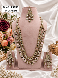 Mint Green & Pink Kundan Long Necklace Set with Earrings & Maang Tikka