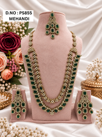 Mint Green & Pink Kundan Long Necklace Set with Earrings & Maang Tikka