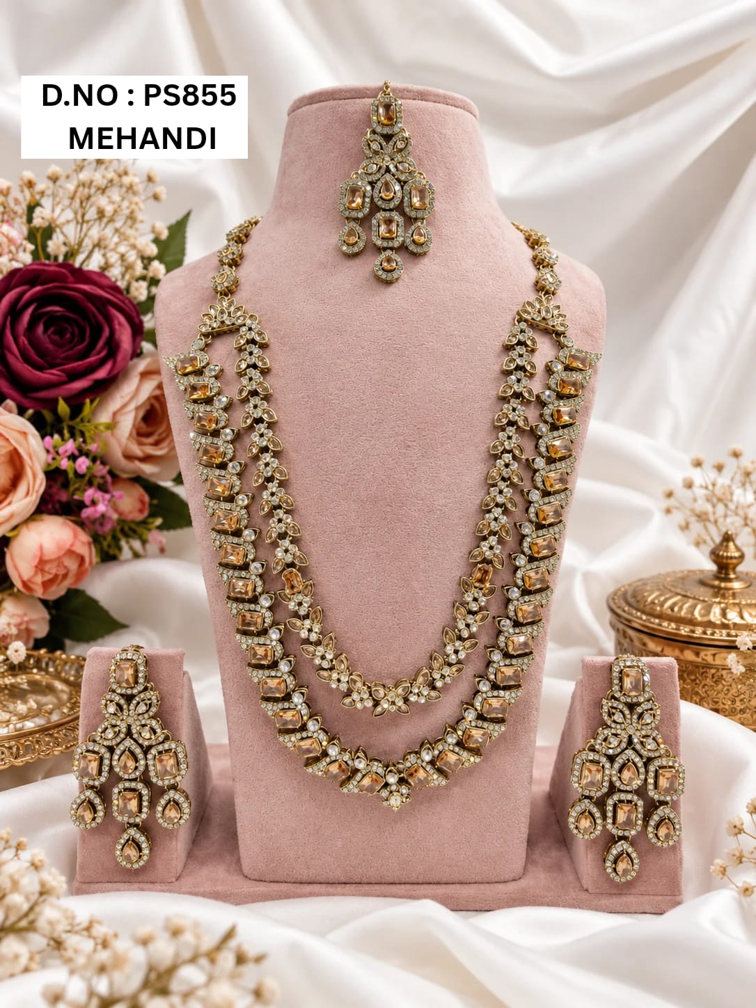 Mint Green & Pink Kundan Long Necklace Set with Earrings & Maang Tikka