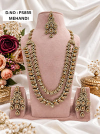 Mint Green & Pink Kundan Long Necklace Set with Earrings & Maang Tikka