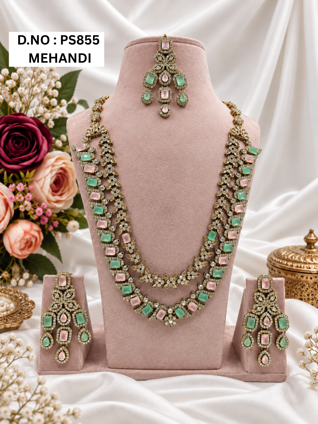 Mint Green & Pink Kundan Long Necklace Set with Earrings & Maang Tikka