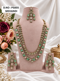 Mint Green & Pink Kundan Long Necklace Set with Earrings & Maang Tikka