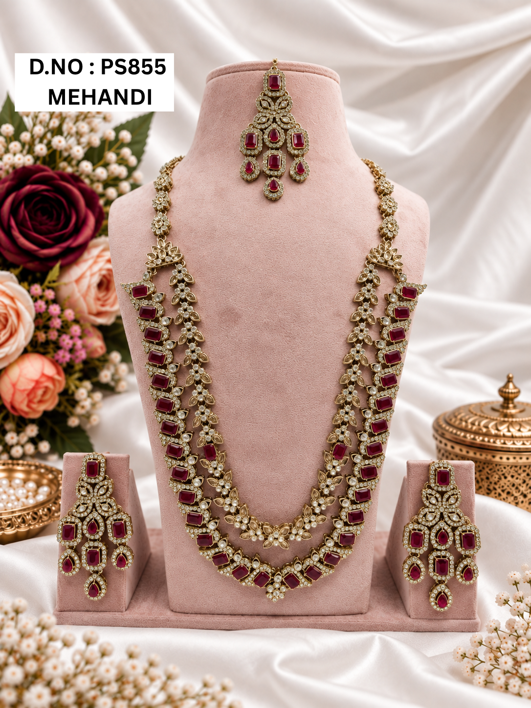Mint Green & Pink Kundan Long Necklace Set with Earrings & Maang Tikka