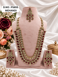 Mint Green & Pink Kundan Long Necklace Set with Earrings & Maang Tikka