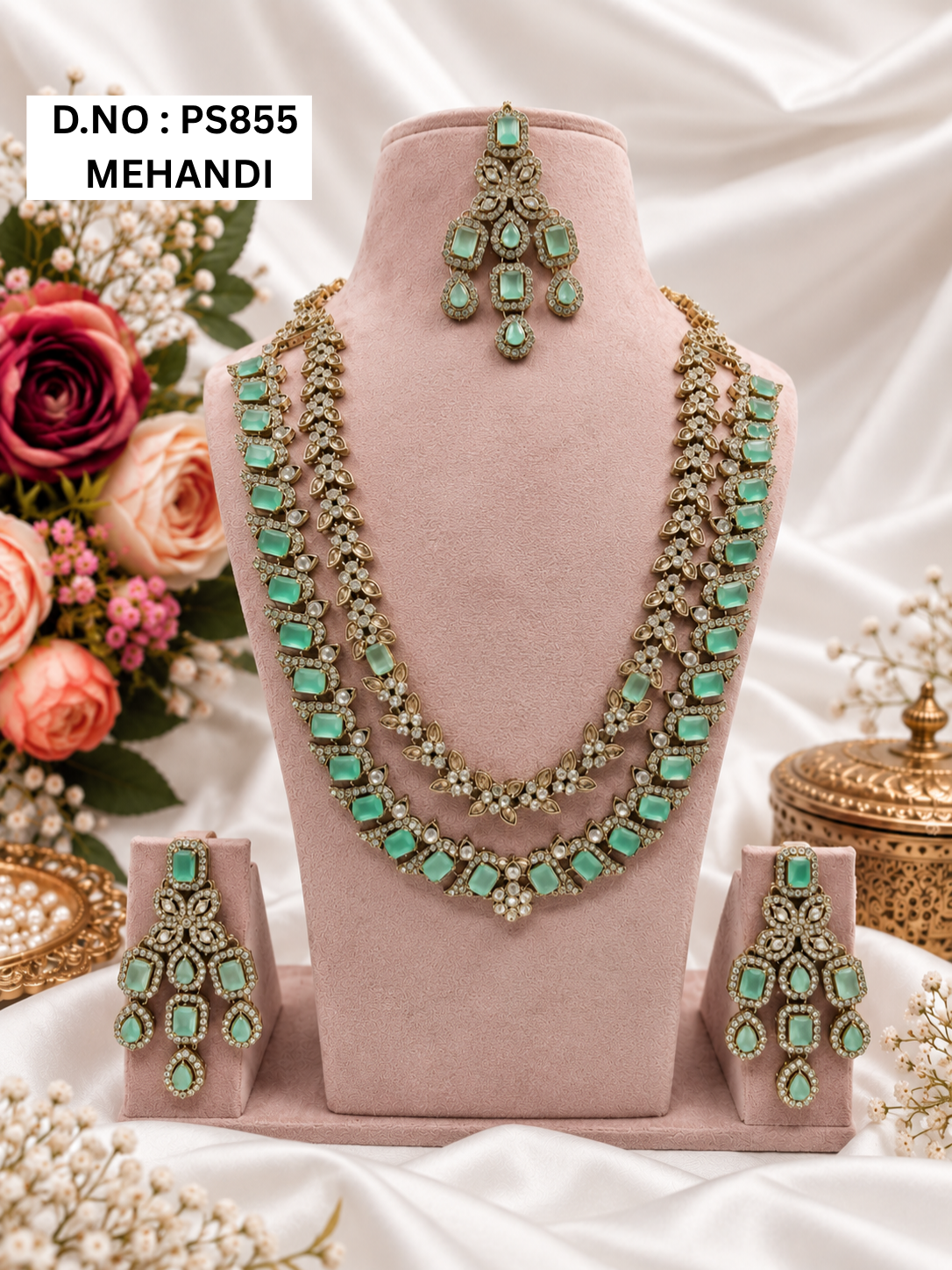 Mint Green & Pink Kundan Long Necklace Set with Earrings & Maang Tikka