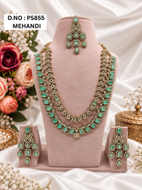 Mint Green & Pink Kundan Long Necklace Set with Earrings & Maang Tikka