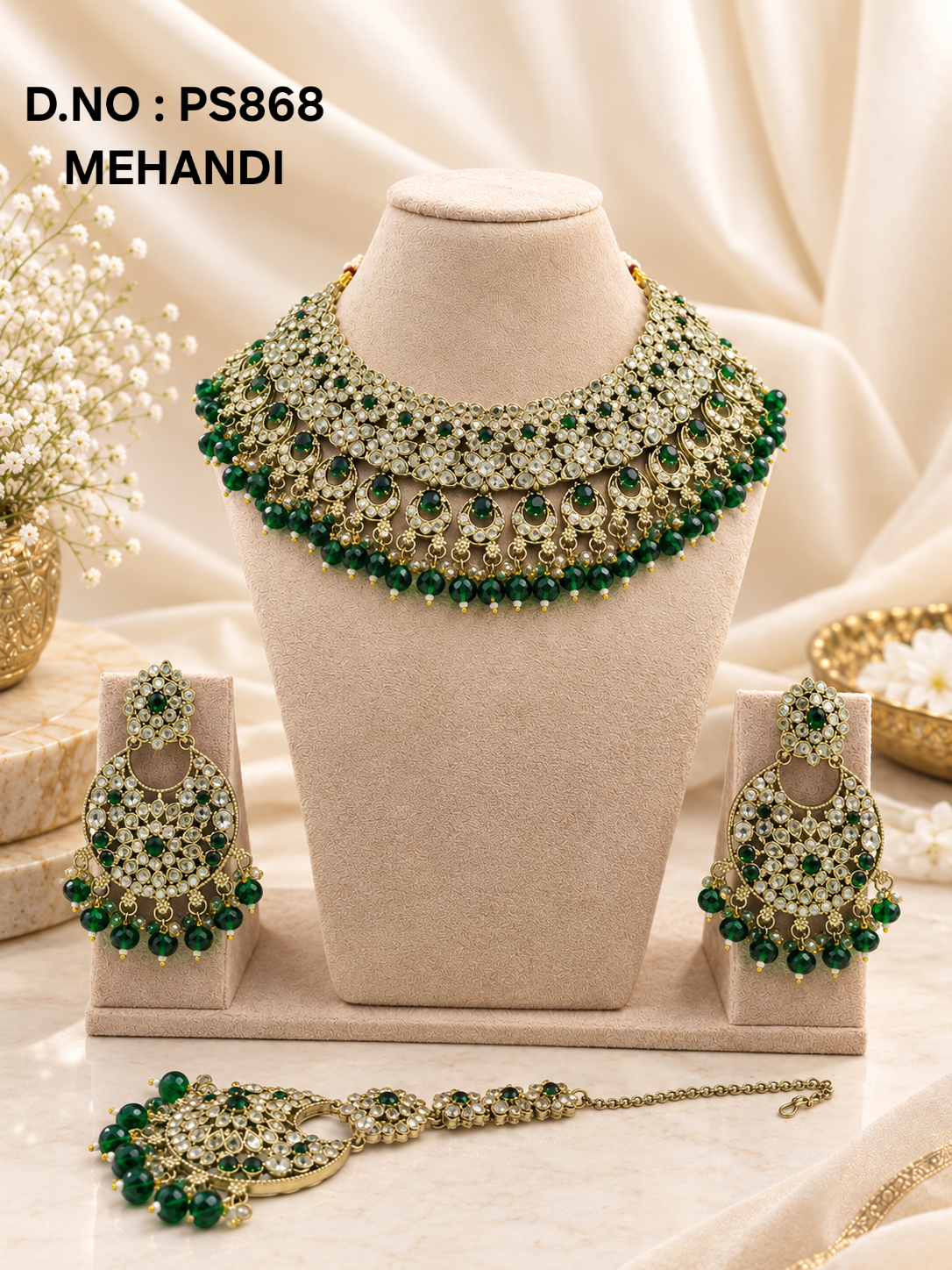 Maroon Kundan Choker Necklace Set with Statement Earrings & Maang Tikka