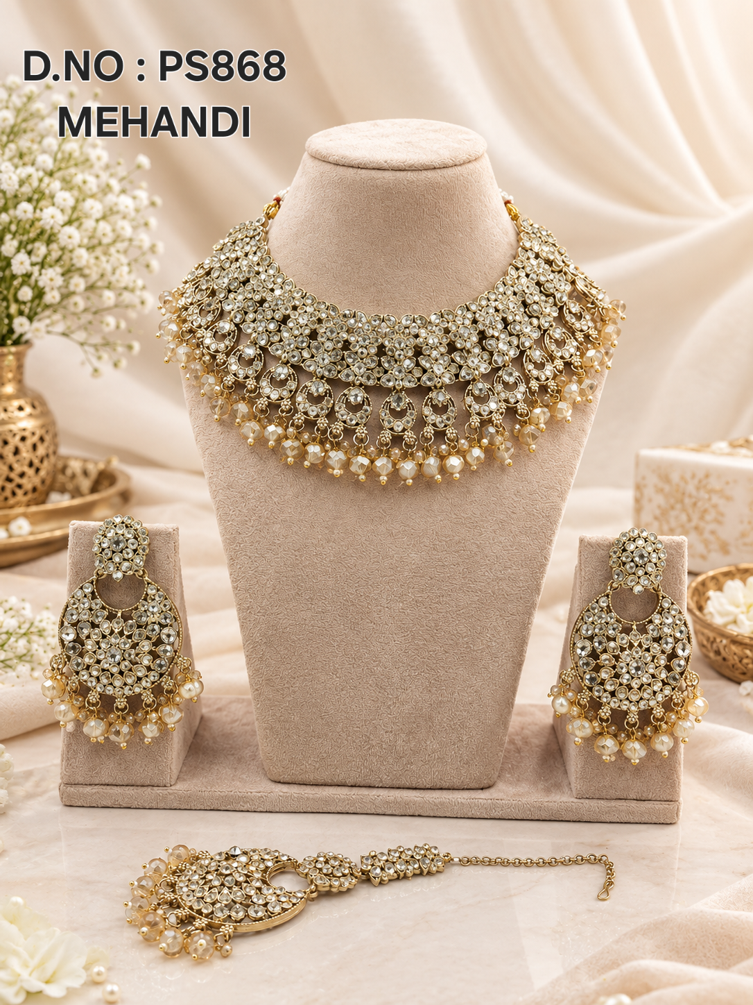 Maroon Kundan Choker Necklace Set with Statement Earrings & Maang Tikka