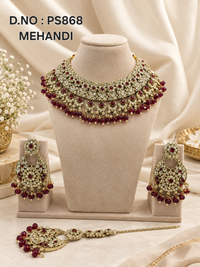 Maroon Kundan Choker Necklace Set with Statement Earrings & Maang Tikka
