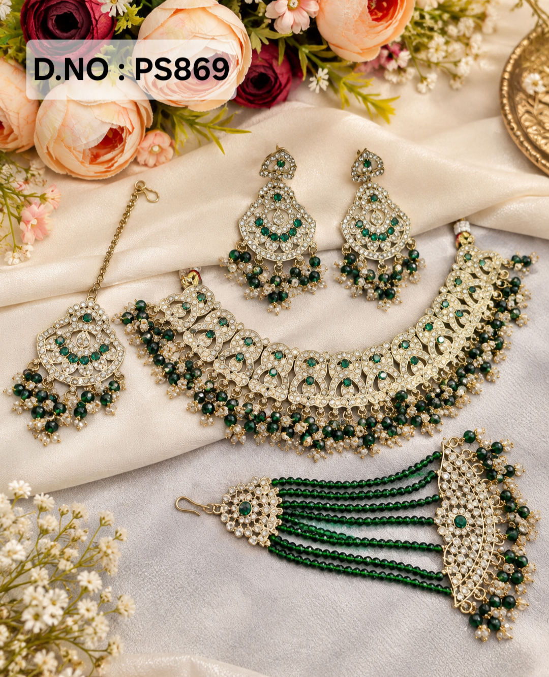 Antique Gold-Finish Bridal Choker Necklace Set with Earrings, Maang Tikka & Passa