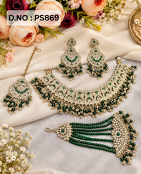 Antique Gold-Finish Bridal Choker Necklace Set with Earrings, Maang Tikka & Passa