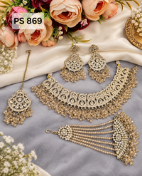 Antique Gold-Finish Bridal Choker Necklace Set with Earrings, Maang Tikka & Passa