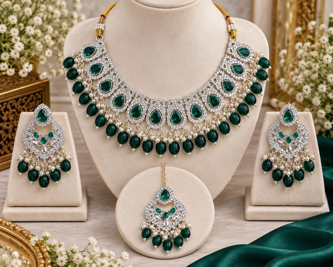 Handcrafted CZ Crystal Choker Set with Matching Earrings and Tikka