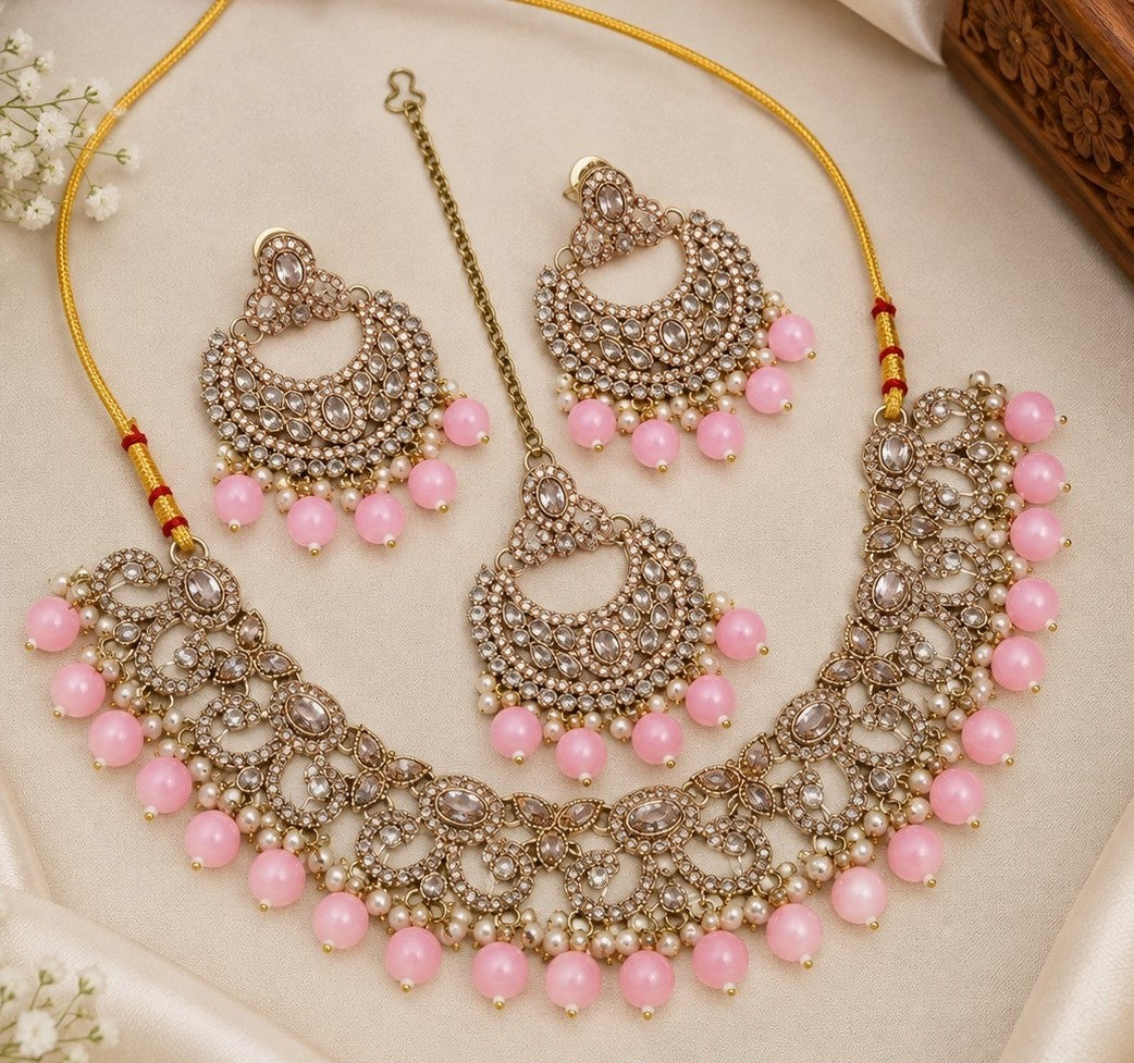 Antique Gold Cubic Zirconia Choker Set with Earrings & Maang Tikka