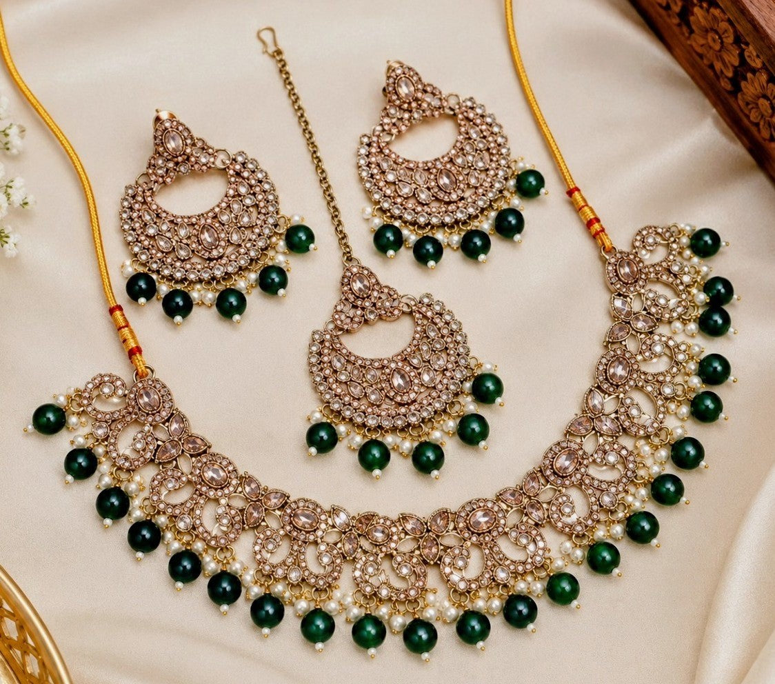 Antique Gold Cubic Zirconia Choker Set with Earrings & Maang Tikka
