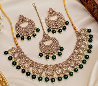 Antique Gold Cubic Zirconia Choker Set with Earrings & Maang Tikka