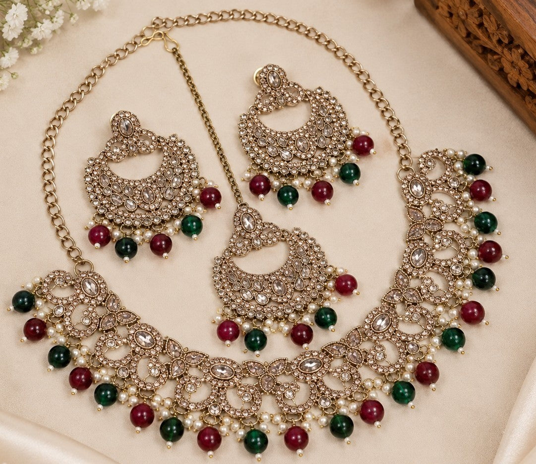Antique Gold Cubic Zirconia Choker Set with Earrings & Maang Tikka