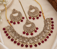 Antique Gold Cubic Zirconia Choker Set with Earrings & Maang Tikka