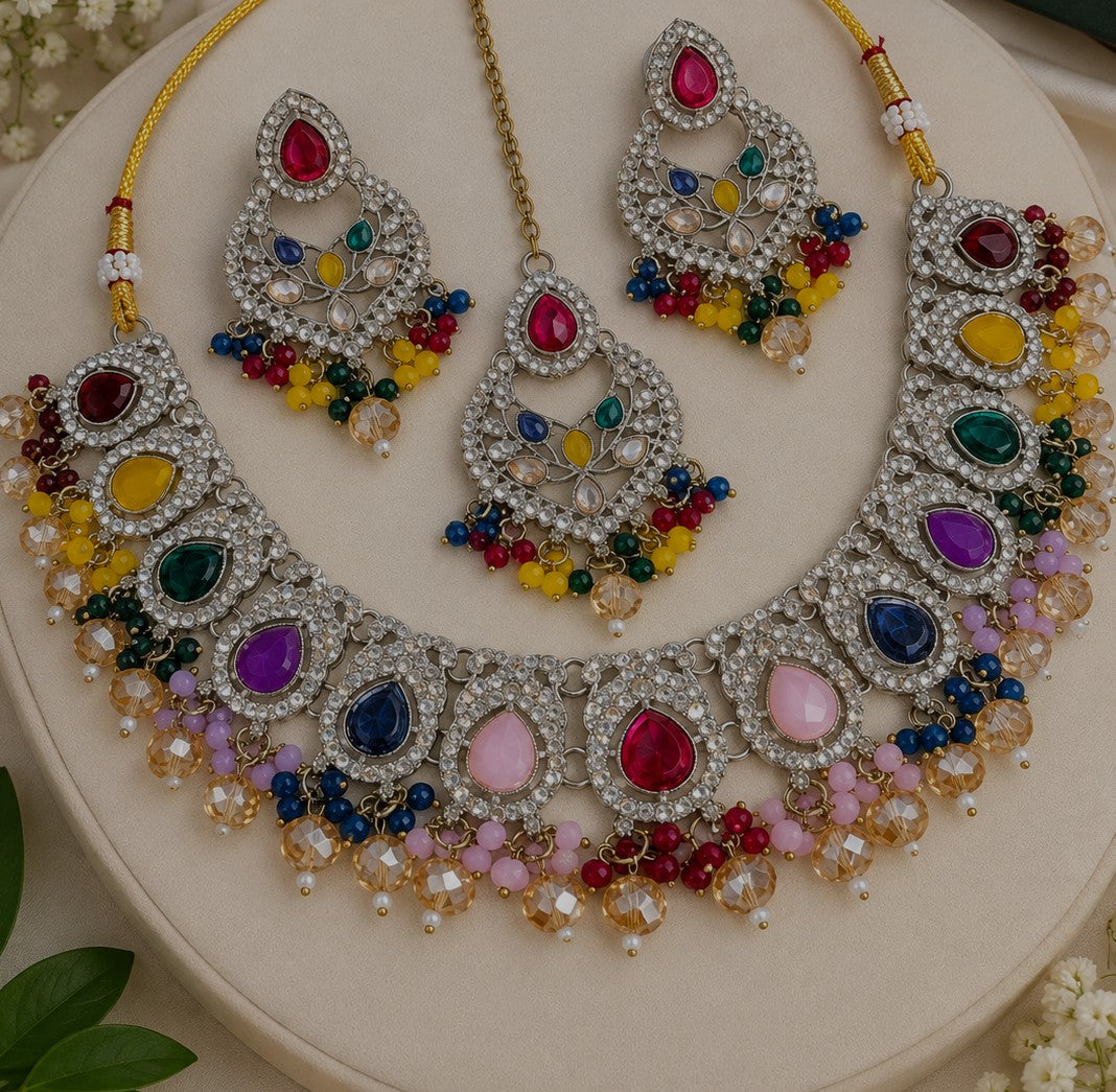 Teardrop Stone Choker Necklace Set with Earrings & Tikka