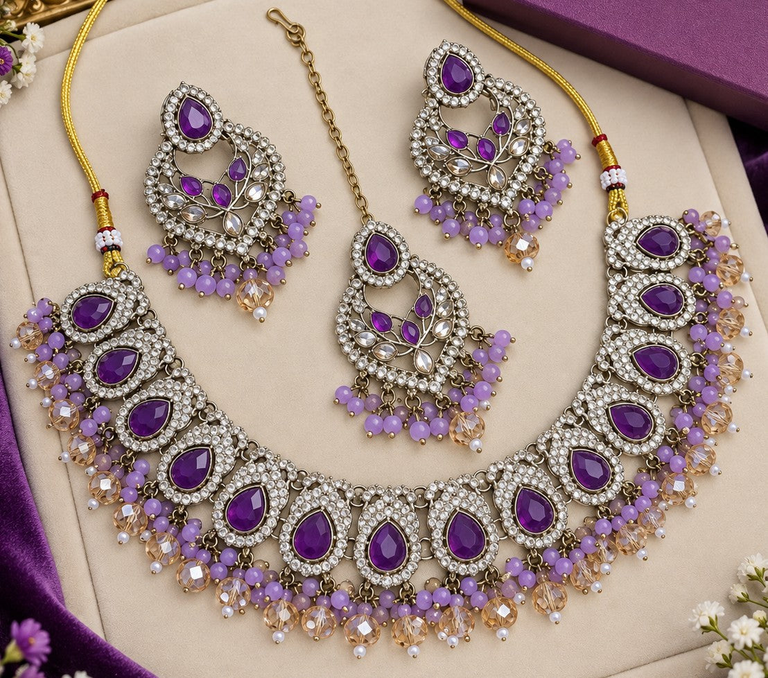 Teardrop Stone Choker Necklace Set with Earrings & Tikka